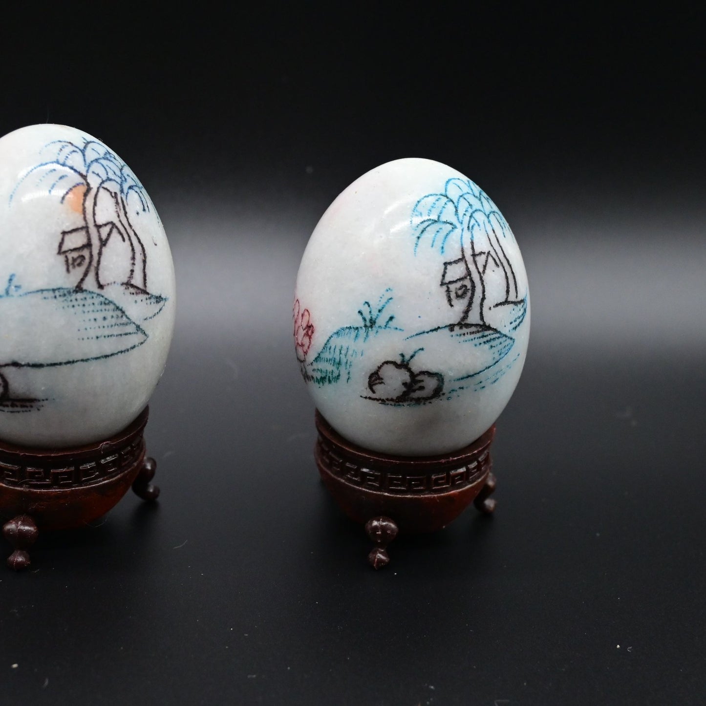 Chinese Etched Painted Marble Eggs With Stands Lot Of 11