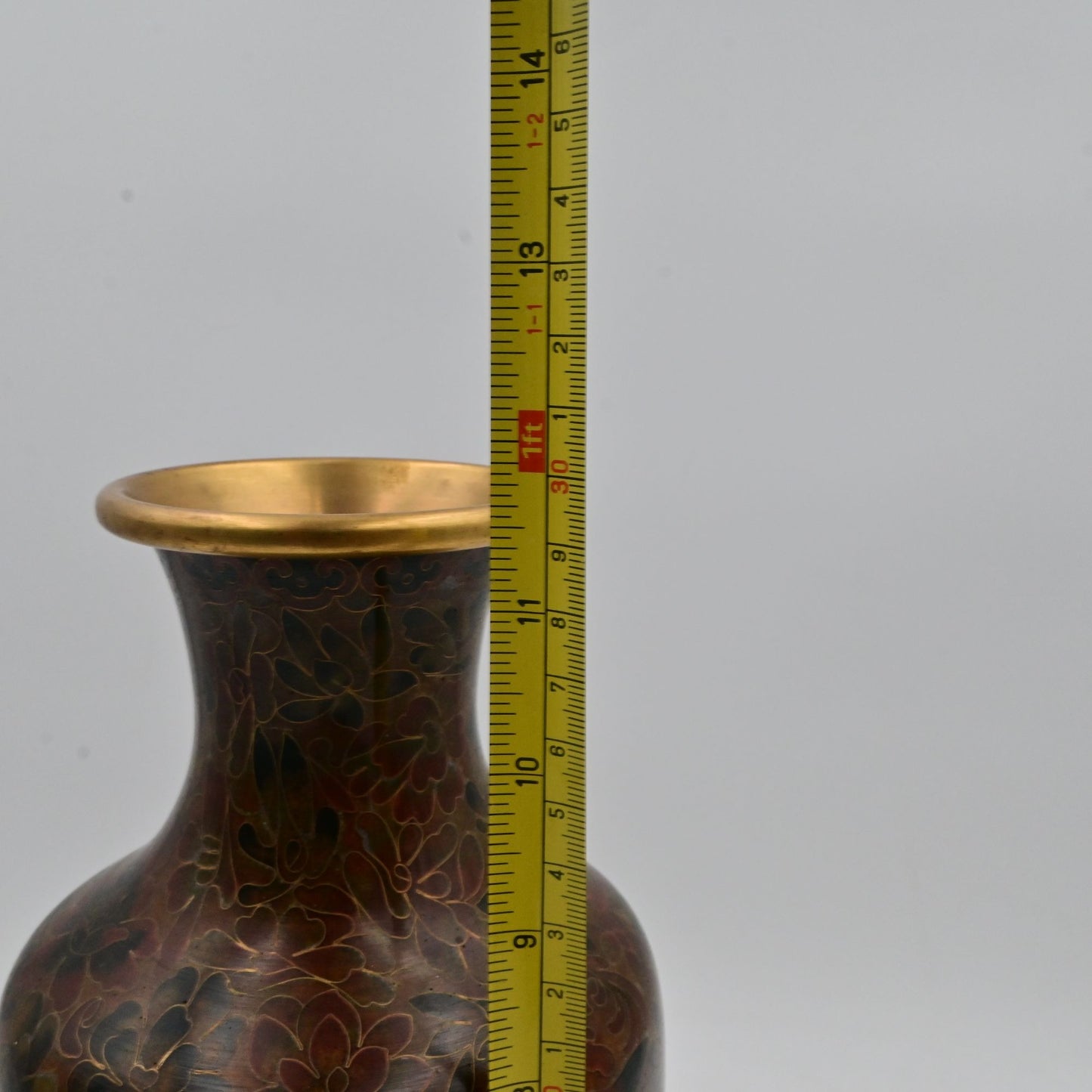 Chinese Cloisonne Brown Floral Enamel Vase W/ Stand
