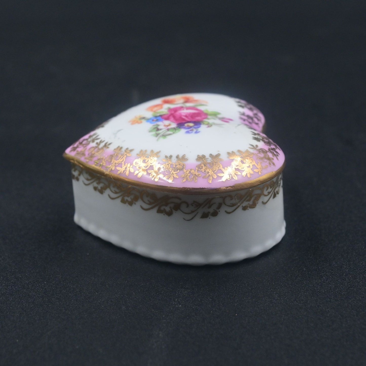 Dresden Pink Floral Heart Shaped Trinket Box