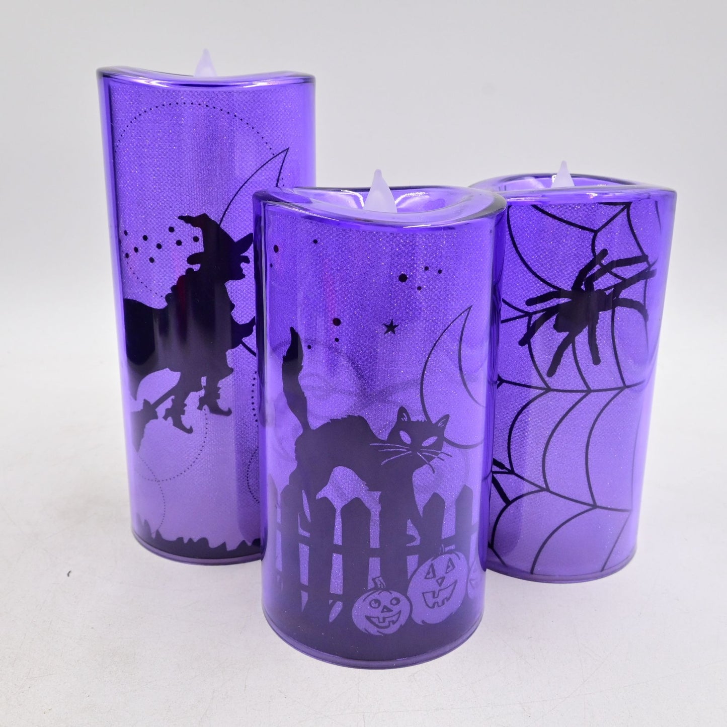 Halloween Candles Set Of 3 Battery Operated Purple LED Candles Witch Cat Bat