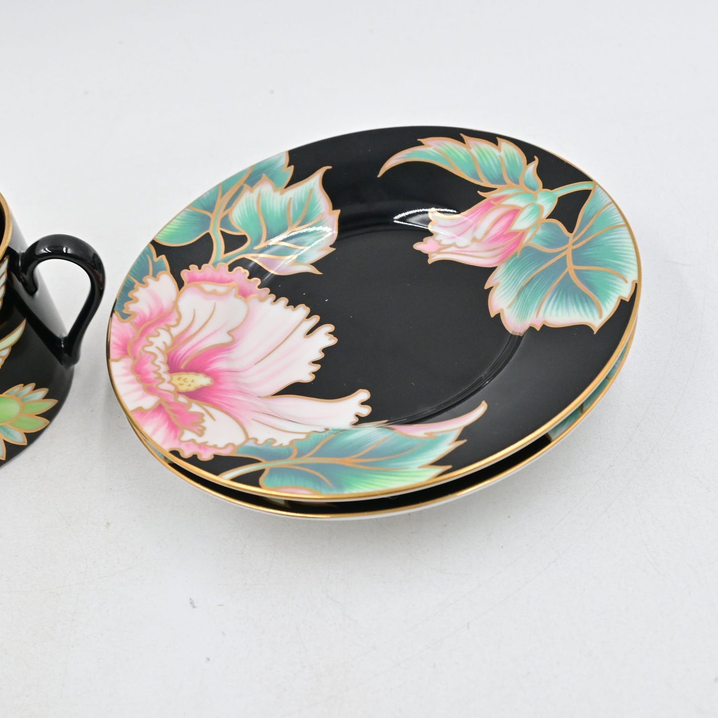 Fitz And Floyd Black Hummingbird Coffee/Tea Cups Set Of 4 W/ Saucers