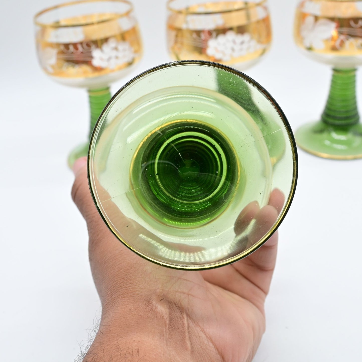 Vintage MCM Beehive Stem Green With Gold Trim Glasses Bundle Of 4