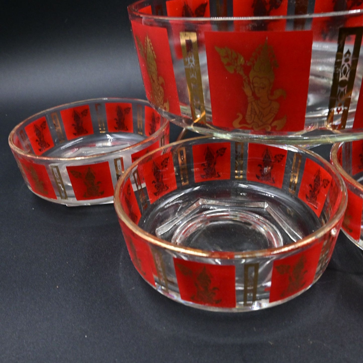 Jeannette Glass Thai Goddess Red and Gold Serving Bowl Set Of 5