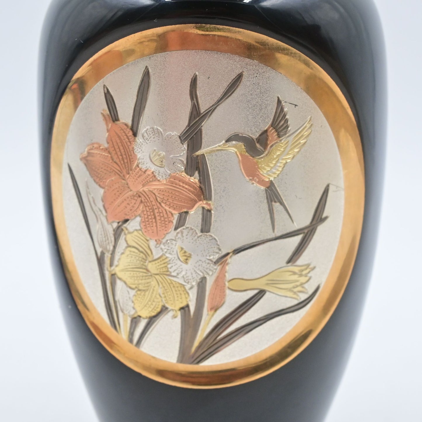 The Art Of Chokin Vase W/ Multi-Colored Hummingbird Engraving - 24K Gold Edged