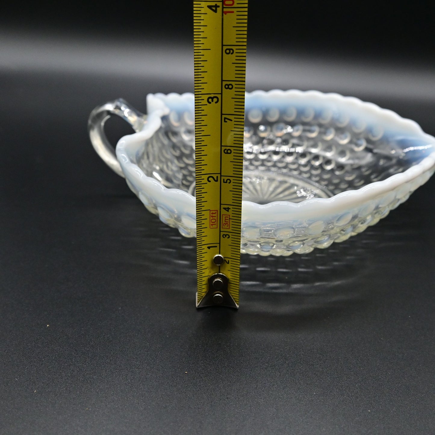 Vintage Anchor Hocking Moonstone Clear Opalescent Hobnail Handled Heart Bowl
