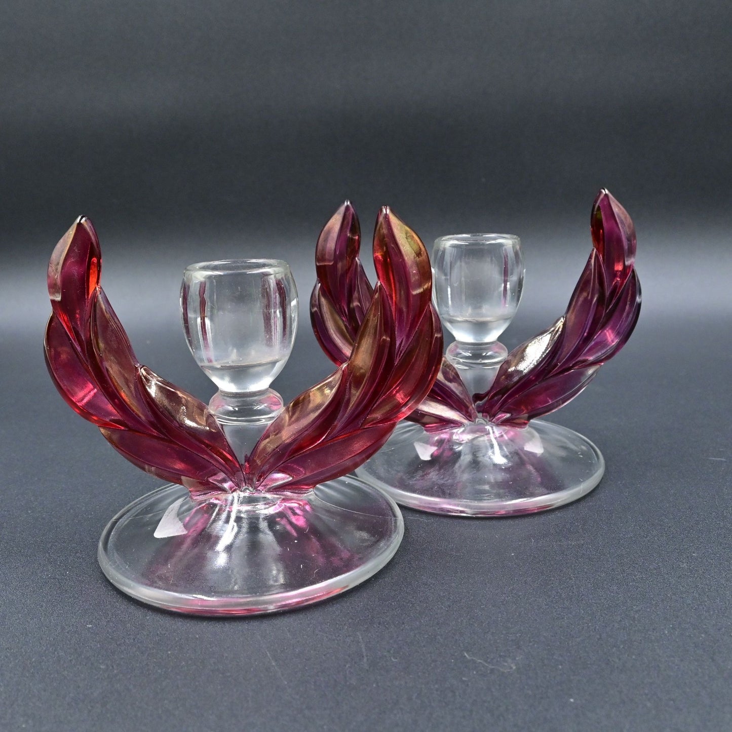 Tiffin Franciscan Cranberry Pink Kings Crown Double Candlestick Holder Vintage