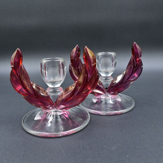 Tiffin Franciscan Cranberry Pink Kings Crown Double Candlestick Holder Vintage