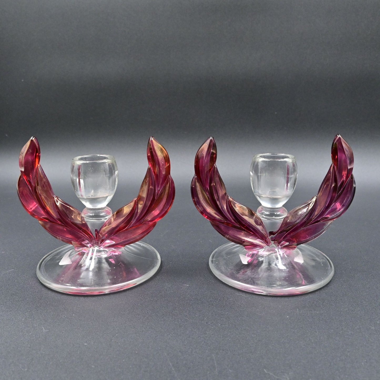 Tiffin Franciscan Cranberry Pink Kings Crown Double Candlestick Holder Vintage