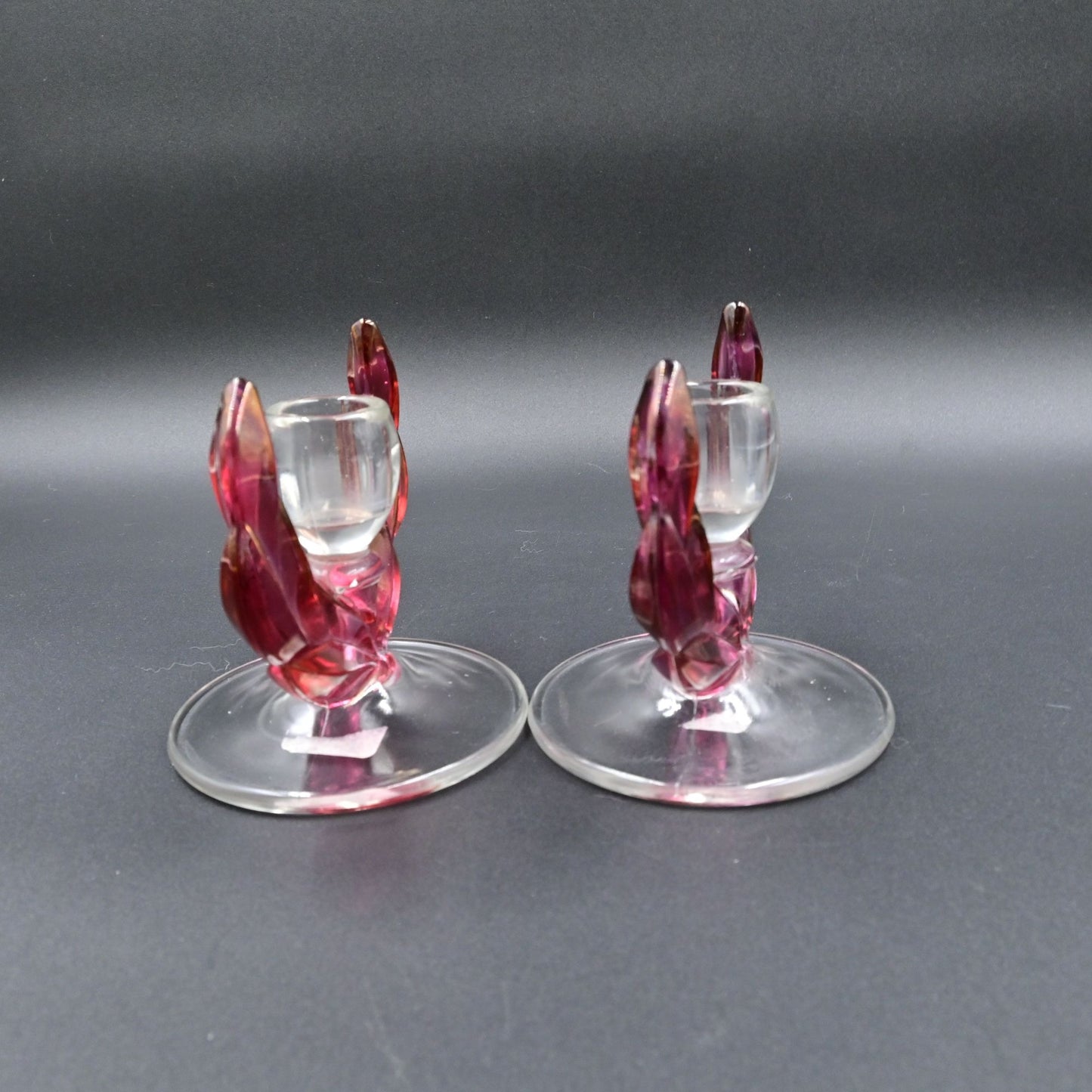 Tiffin Franciscan Cranberry Pink Kings Crown Double Candlestick Holder Vintage