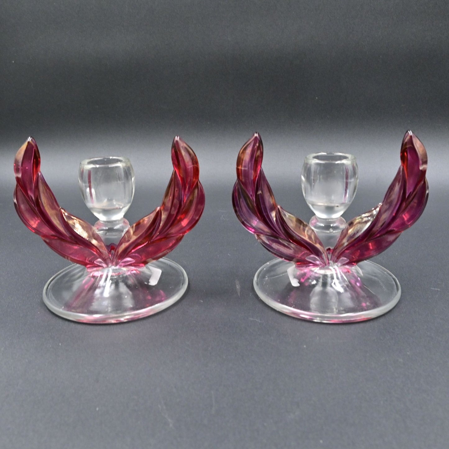 Tiffin Franciscan Cranberry Pink Kings Crown Double Candlestick Holder Vintage