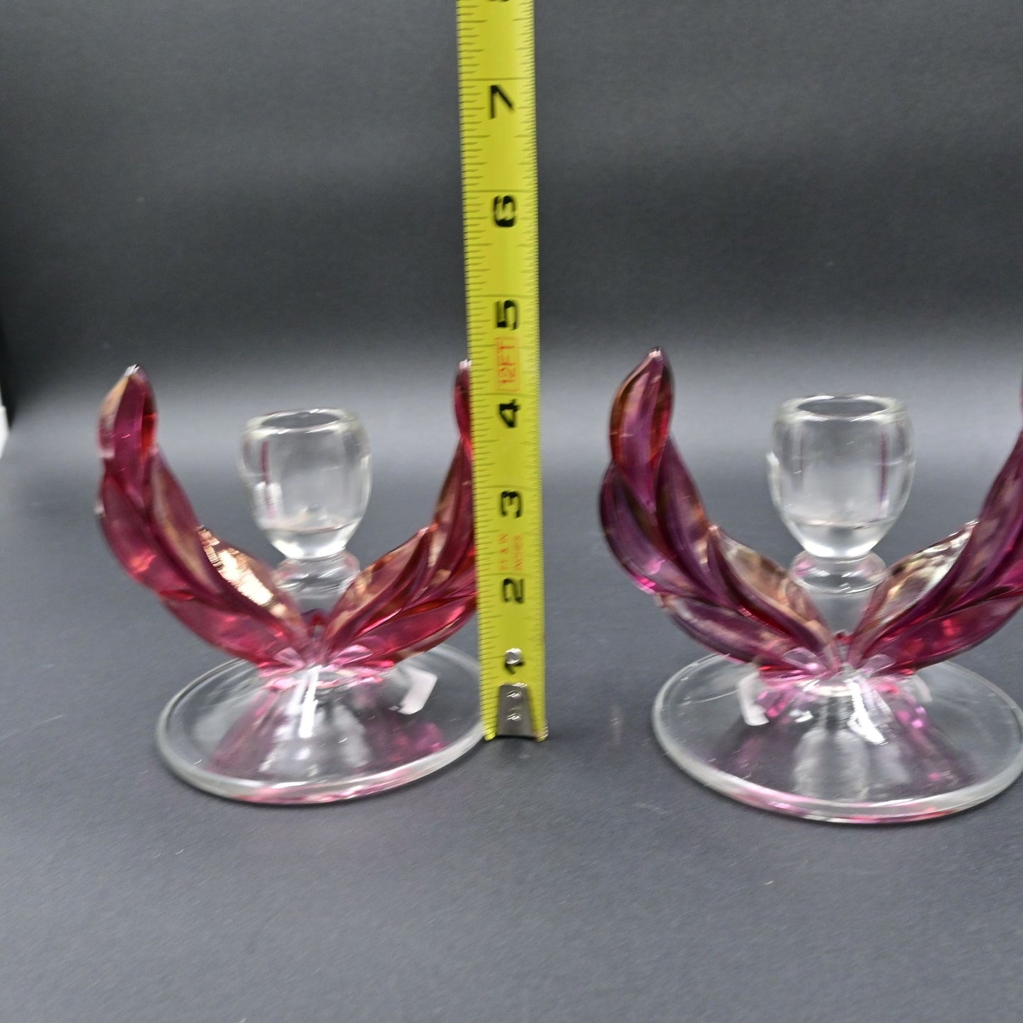 Tiffin Franciscan Cranberry Pink Kings Crown Double Candlestick Holder Vintage