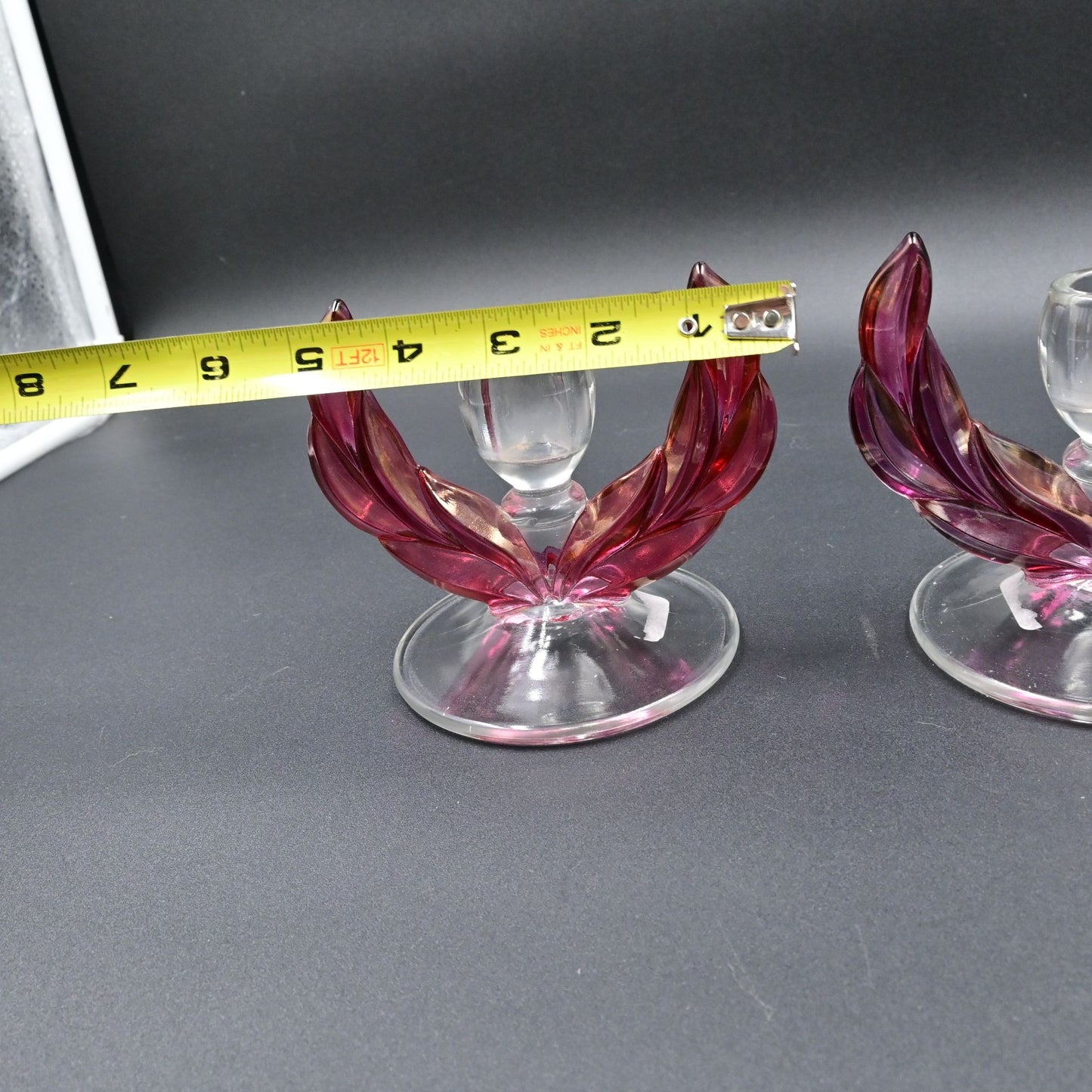 Tiffin Franciscan Cranberry Pink Kings Crown Double Candlestick Holder Vintage