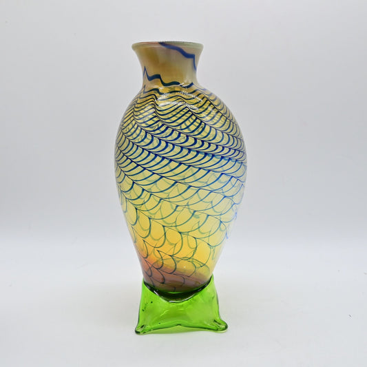 Hand-Blown Art Glass Vase With Iridescent Blue Pattern & Green Base