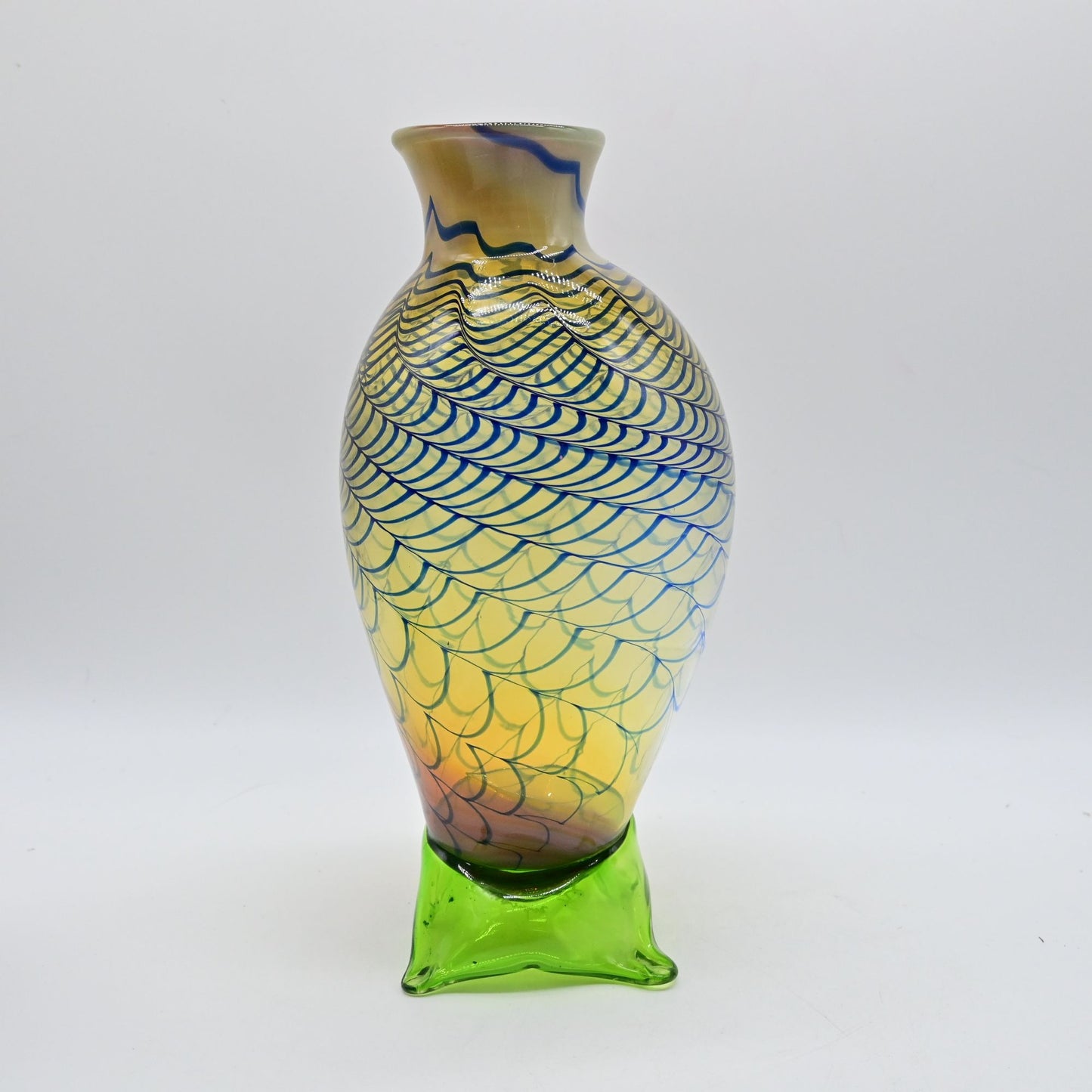 Hand-Blown Art Glass Vase With Iridescent Blue Pattern & Green Base