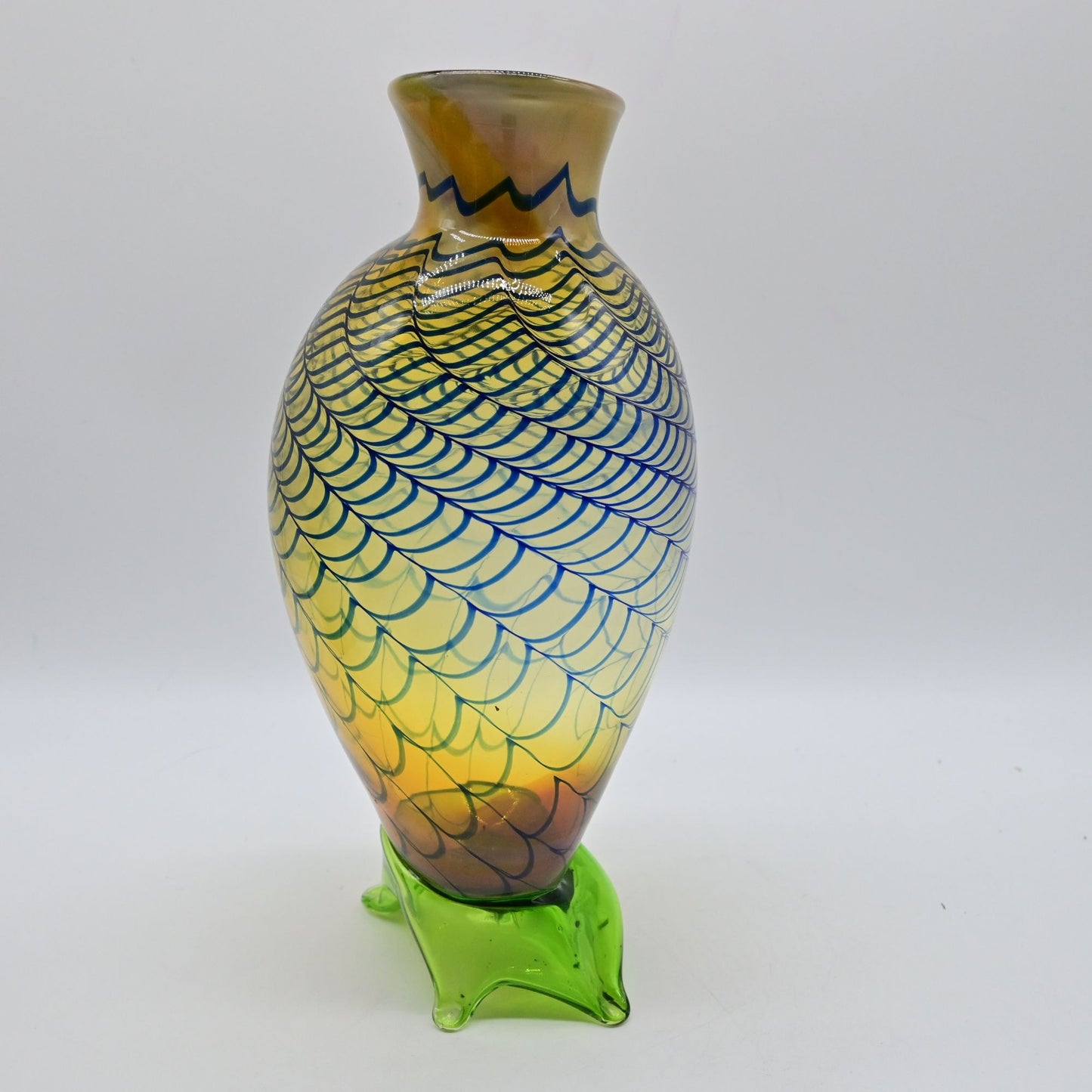 Hand-Blown Art Glass Vase With Iridescent Blue Pattern & Green Base