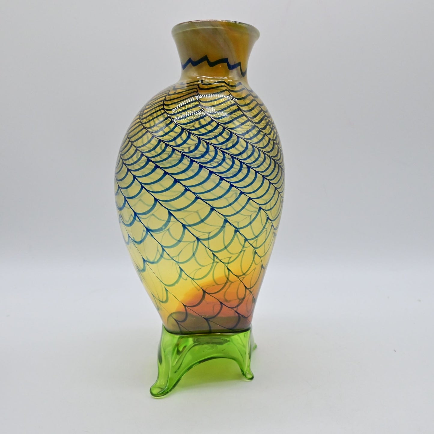 Hand-Blown Art Glass Vase With Iridescent Blue Pattern & Green Base