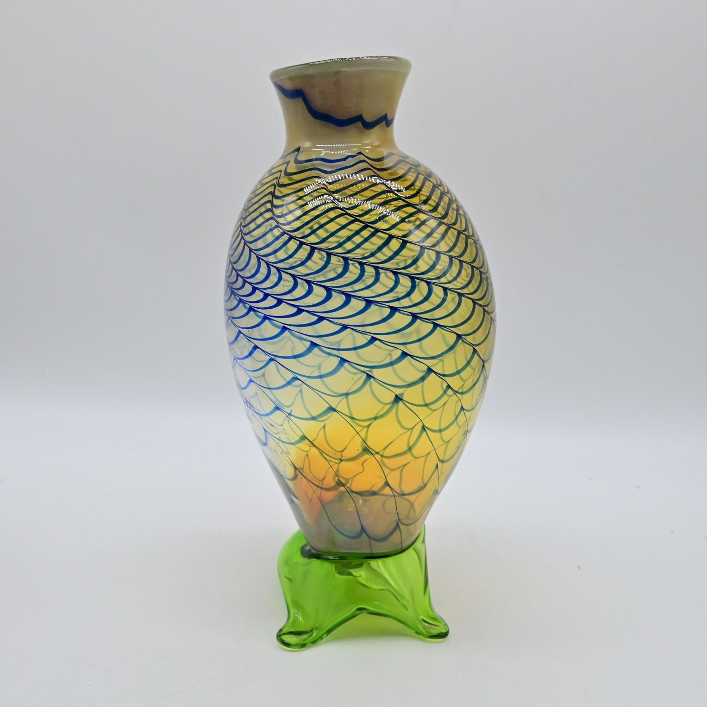 Hand-Blown Art Glass Vase With Iridescent Blue Pattern & Green Base