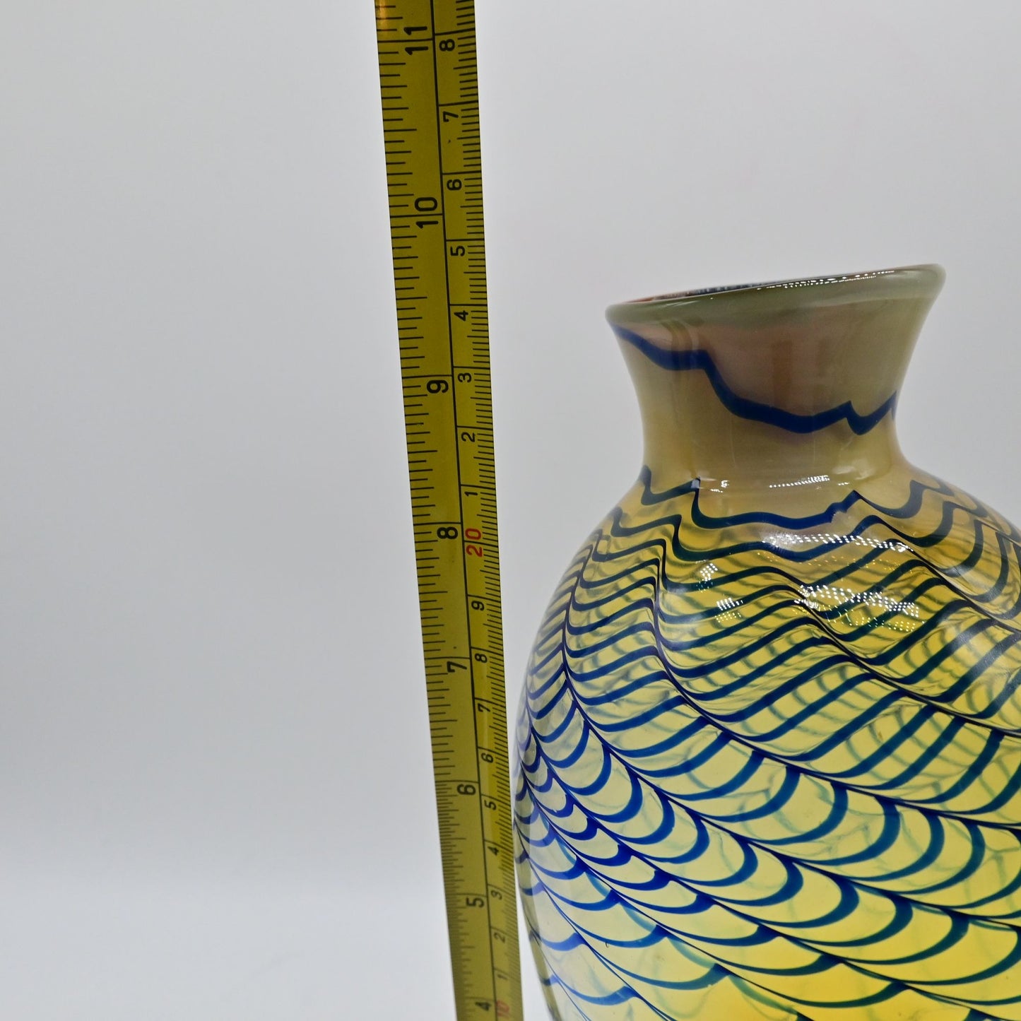 Hand-Blown Art Glass Vase With Iridescent Blue Pattern & Green Base