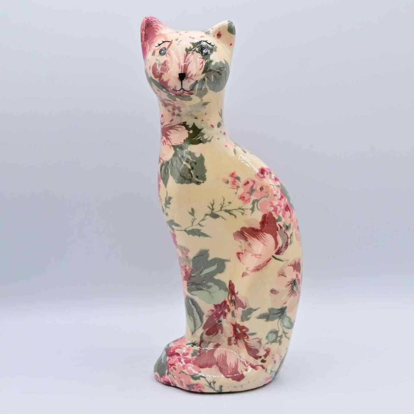 Floral Patchwork Ceramic Cat Joan Baker Vintage Figure