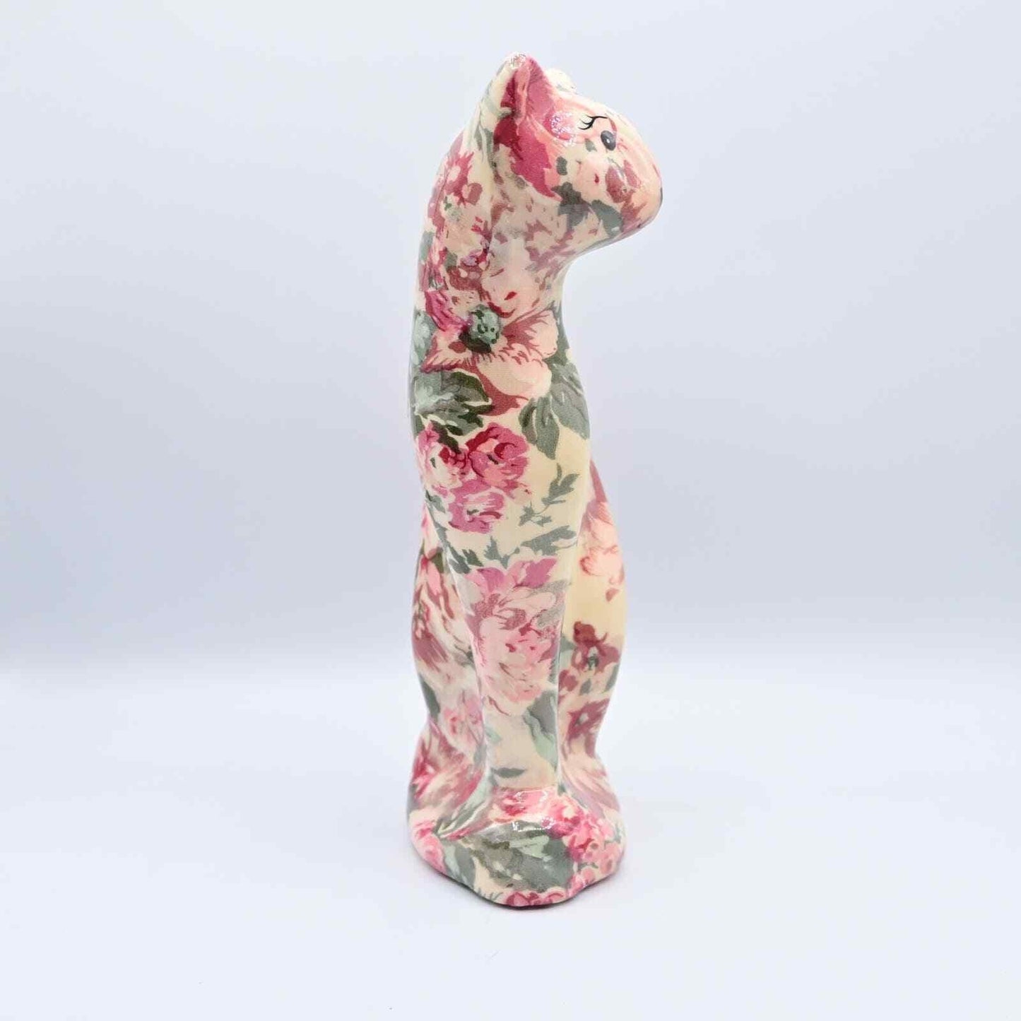 Floral Patchwork Ceramic Cat Joan Baker Vintage Figure
