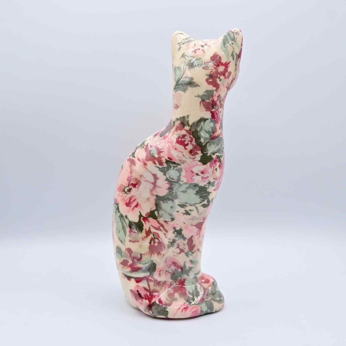 Floral Patchwork Ceramic Cat Joan Baker Vintage Figure