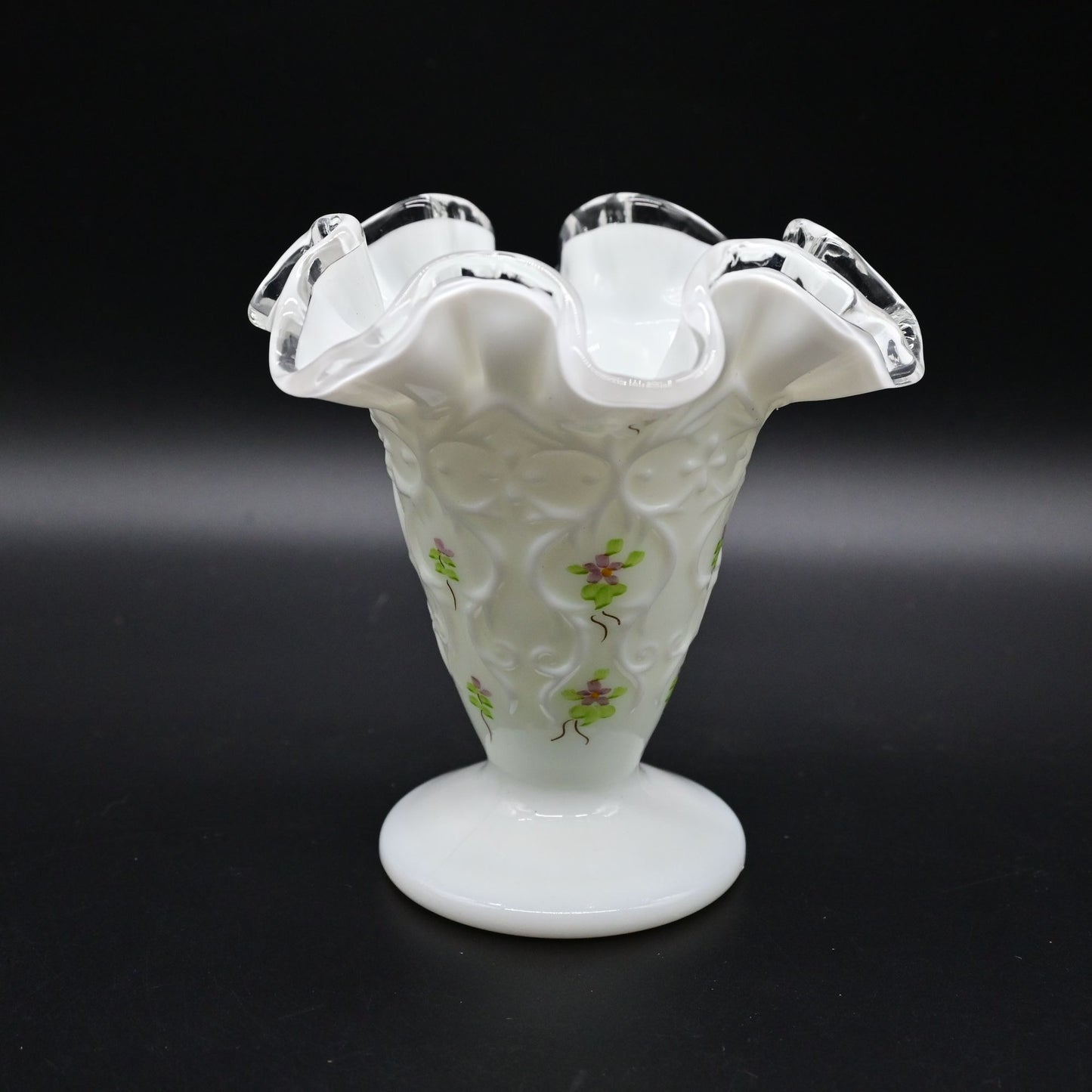 Vintage Fenton Milk Glass Vase With Ruffled Edge & Floral Design