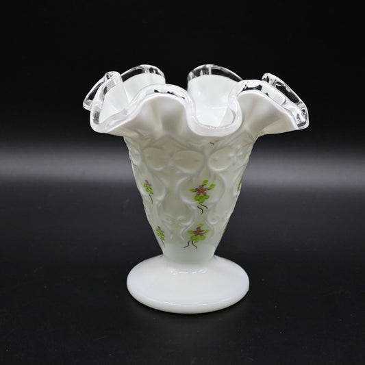 Vintage Fenton Milk Glass Vase With Ruffled Edge & Floral Design