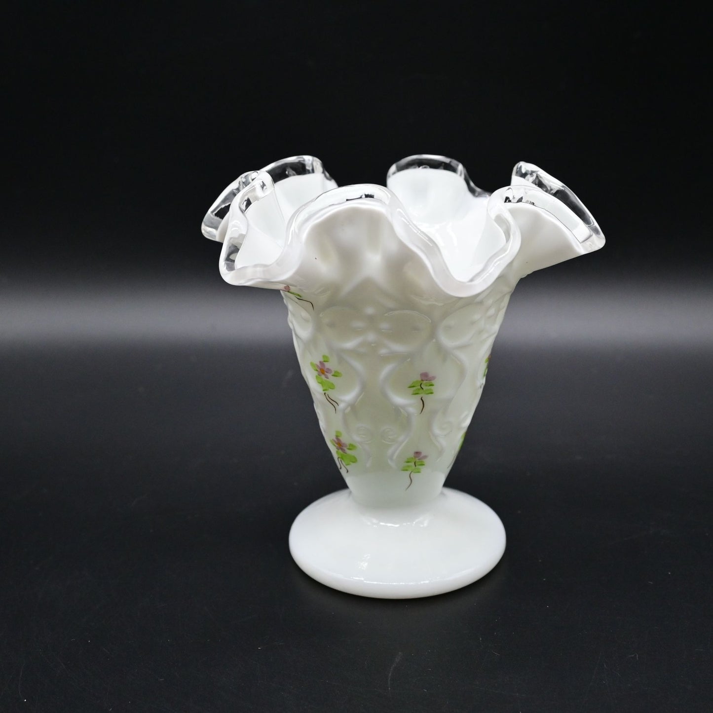 Vintage Fenton Milk Glass Vase With Ruffled Edge & Floral Design