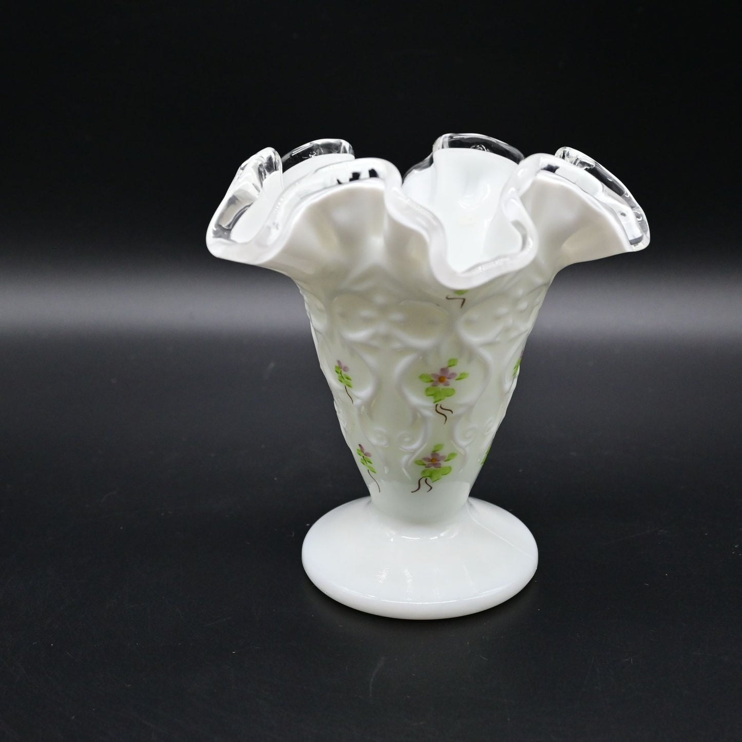 Vintage Fenton Milk Glass Vase With Ruffled Edge & Floral Design