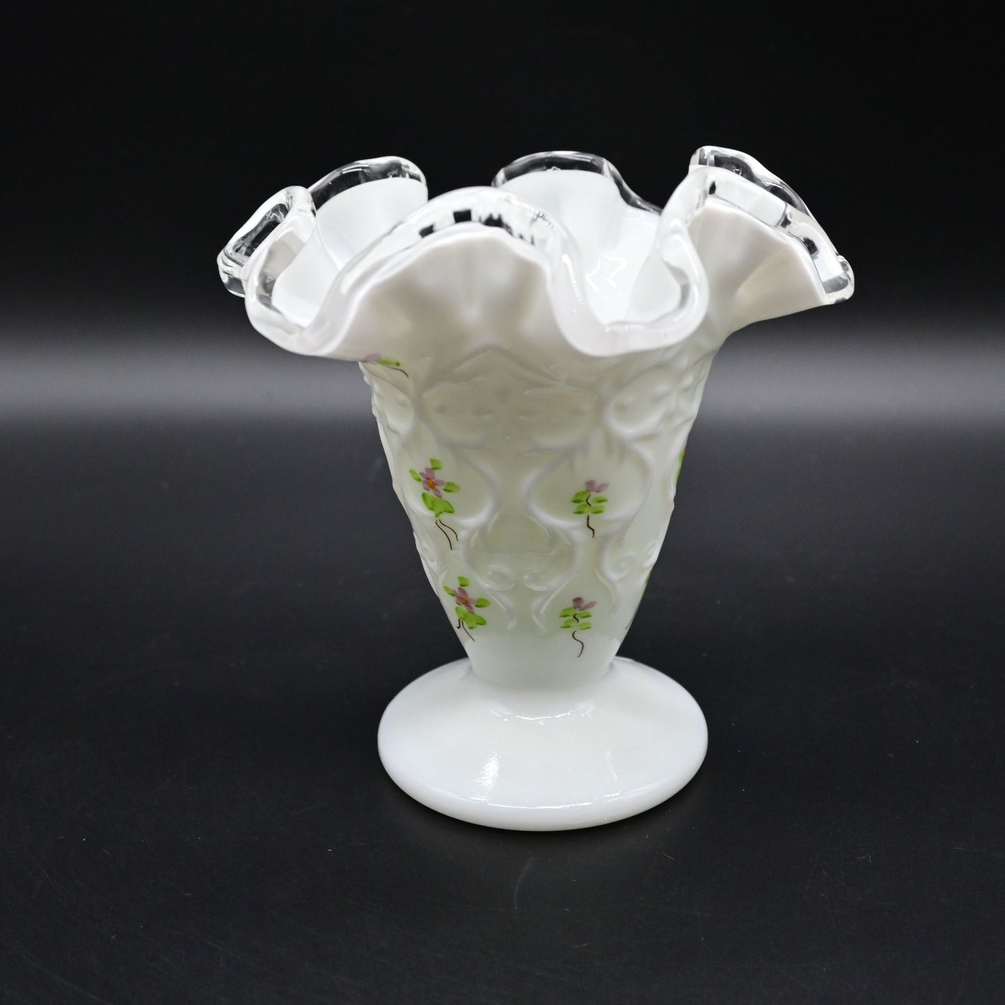 Vintage Fenton Milk Glass Vase With Ruffled Edge & Floral Design