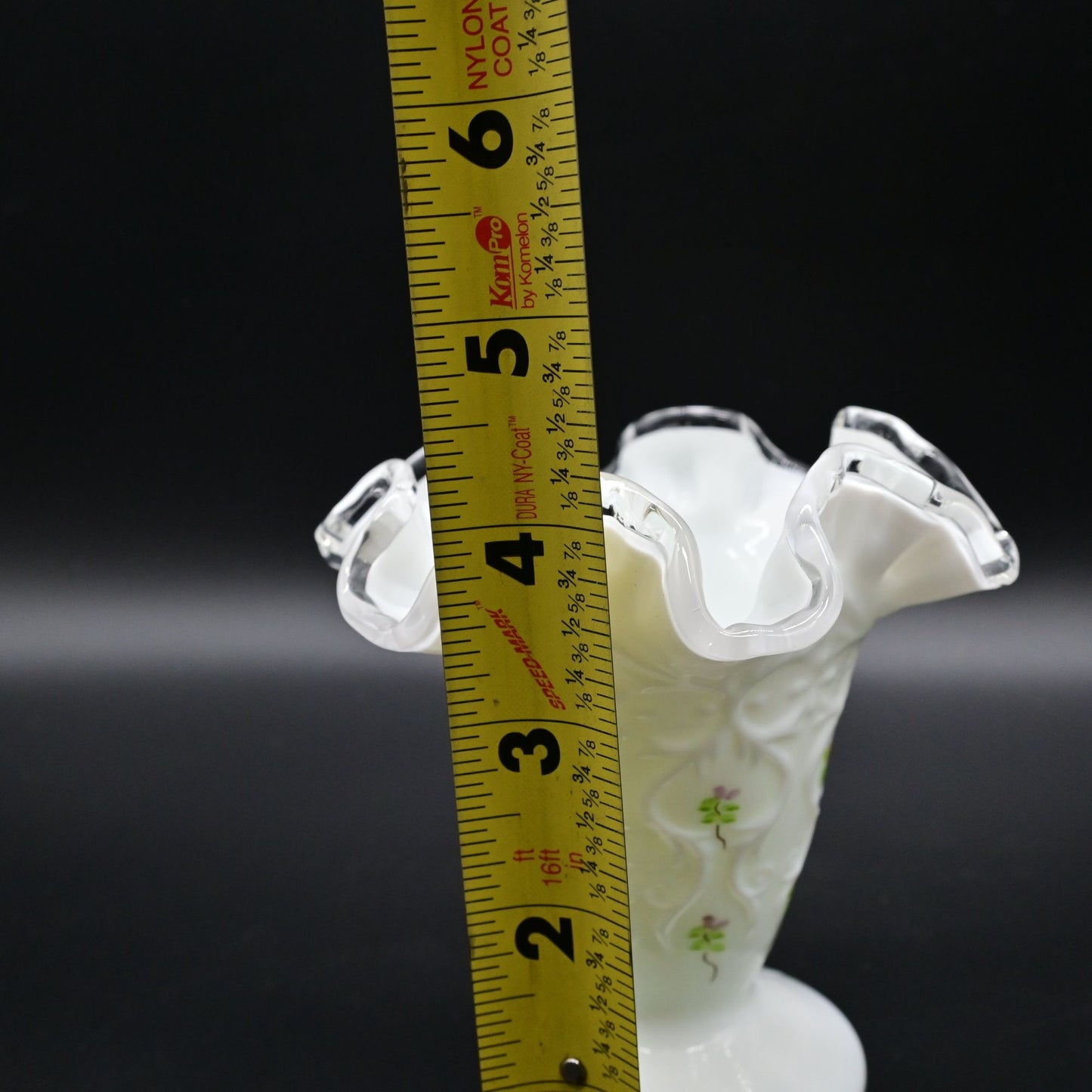 Vintage Fenton Milk Glass Vase With Ruffled Edge & Floral Design