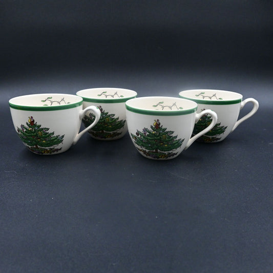 Spode Christmas Tree Teacups Saucers Set of 4 Green Trim Damaged