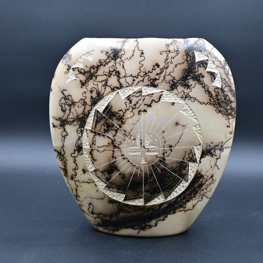 Horse Hair Pottery Vase By T. Vail With Unique Abstract Design & Engraving