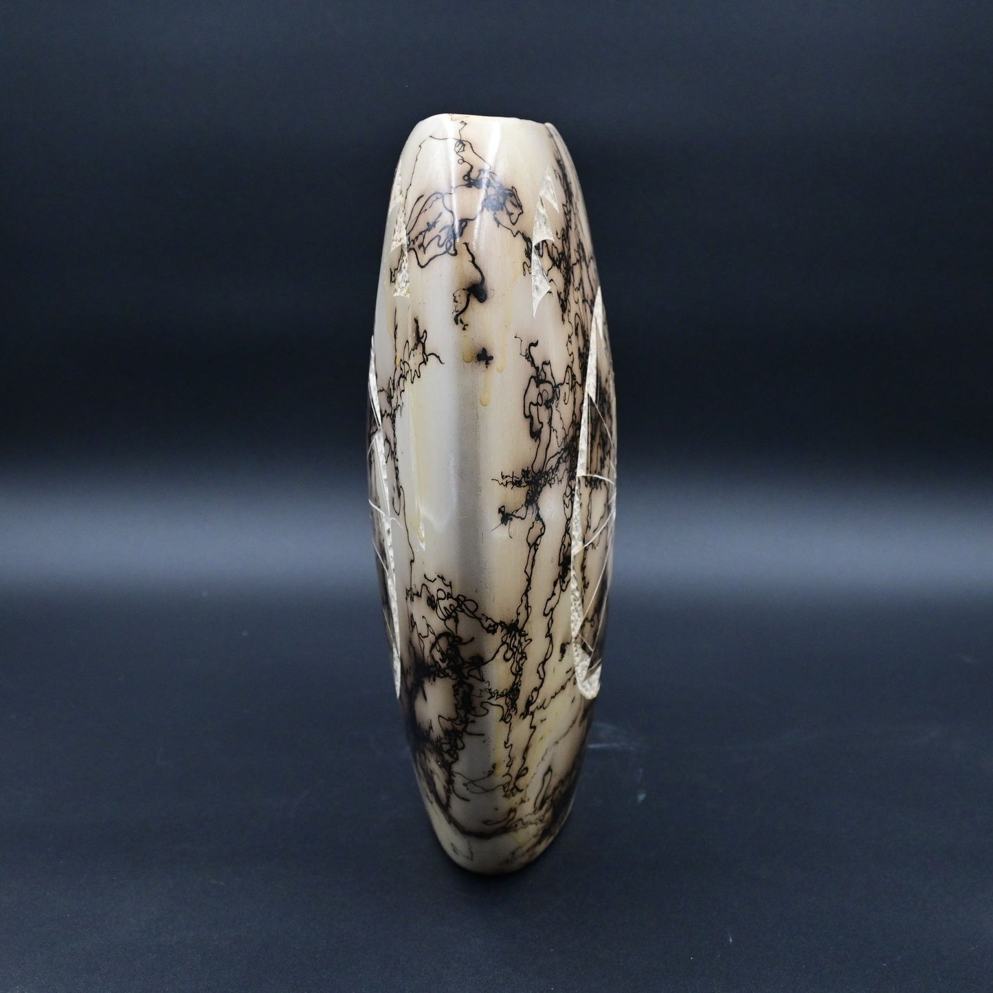 Horse Hair Pottery Vase By T. Vail With Unique Abstract Design & Engraving