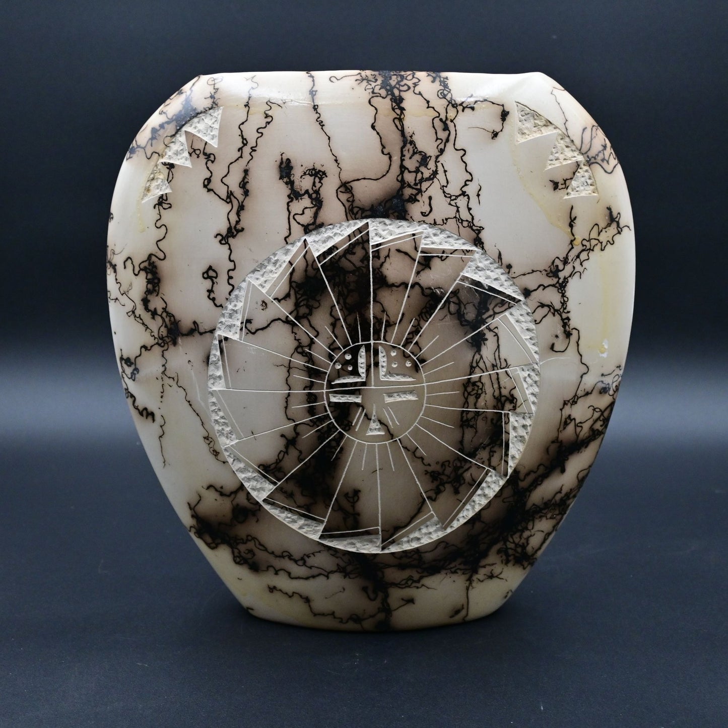 Horse Hair Pottery Vase By T. Vail With Unique Abstract Design & Engraving