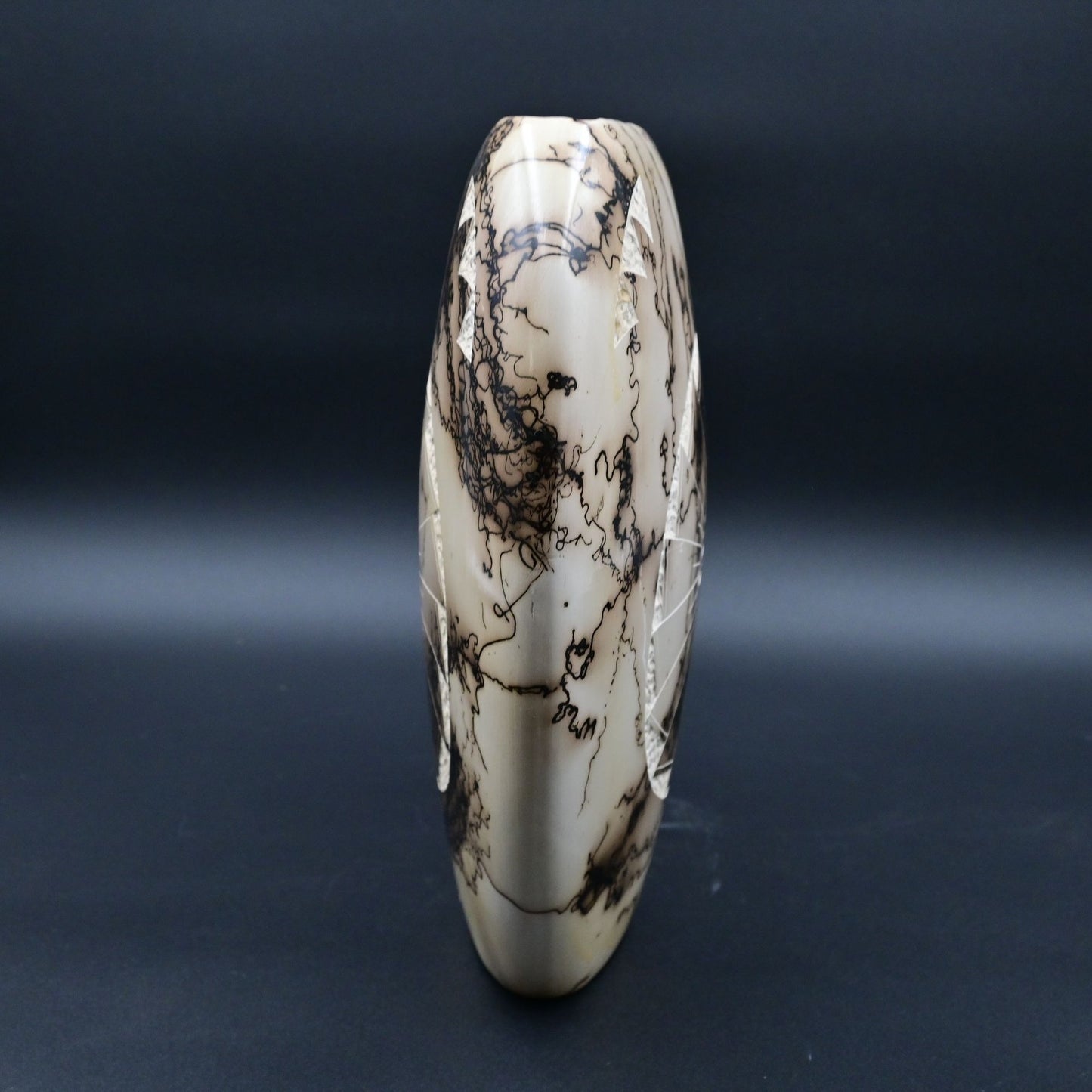 Horse Hair Pottery Vase By T. Vail With Unique Abstract Design & Engraving