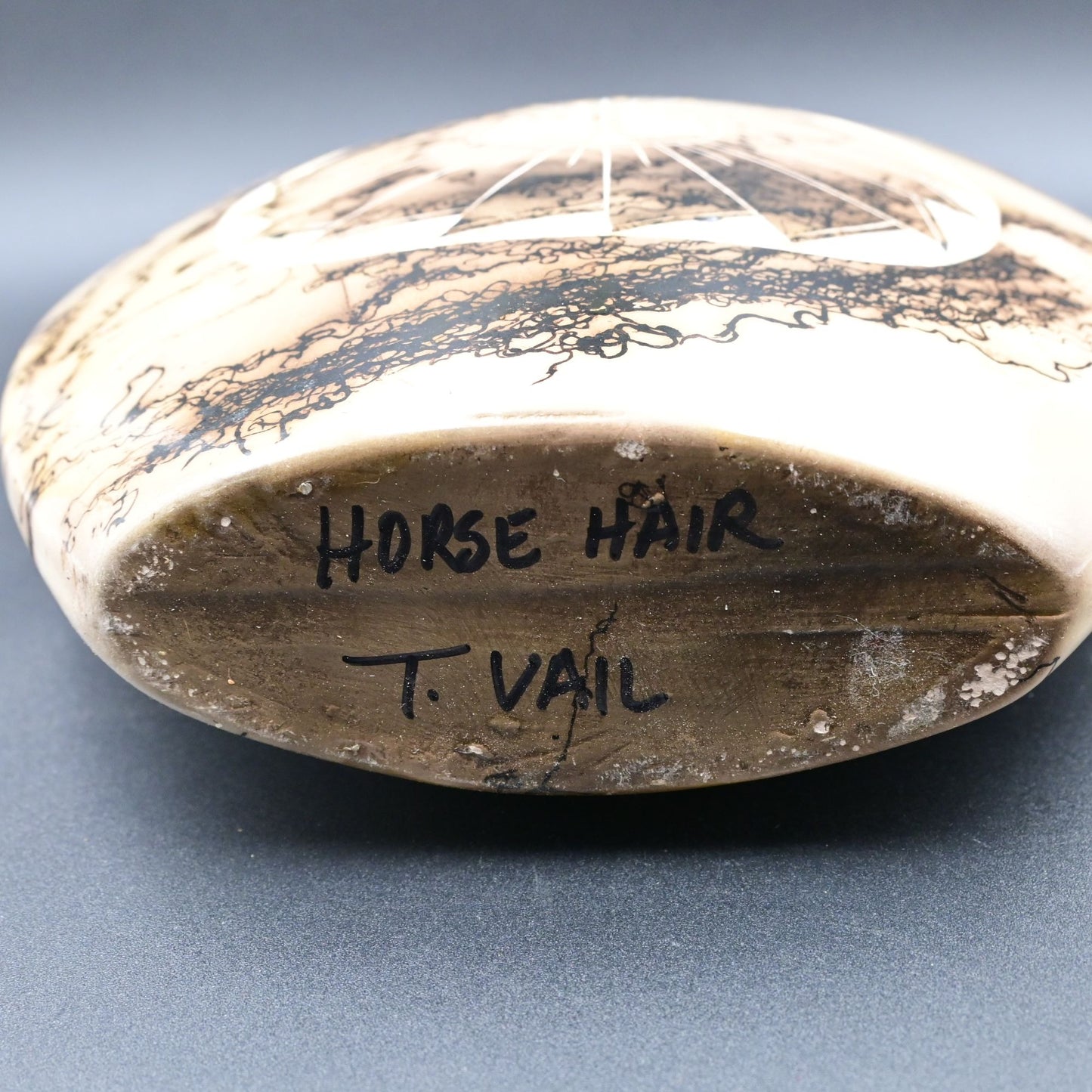 Horse Hair Pottery Vase By T. Vail With Unique Abstract Design & Engraving