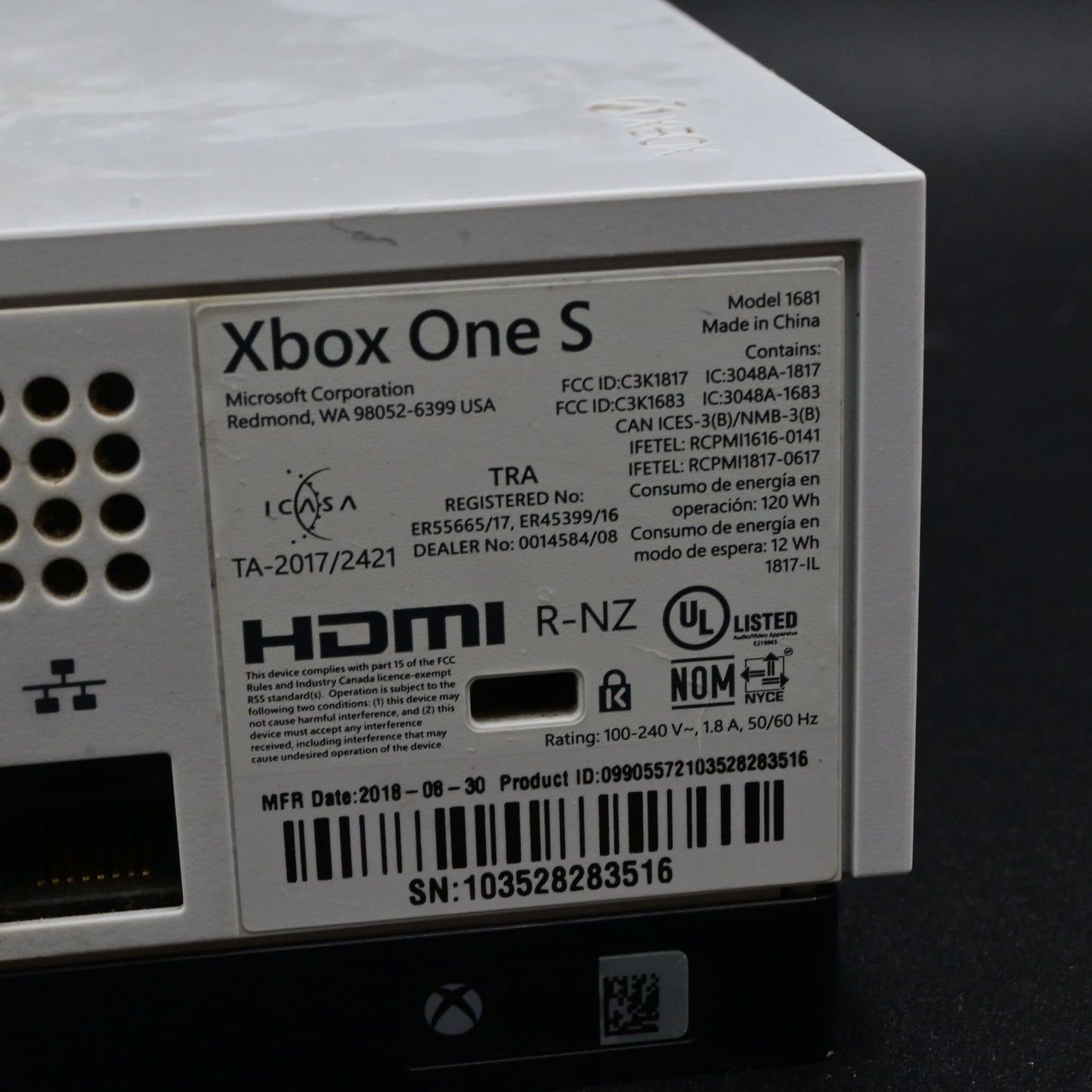 Xbox One S 500GB Console White - Console Only Disc Drive Damage