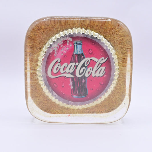 Vintage Coca-Cola Square Coaster Paperweight With Cork Backing & Resin Top