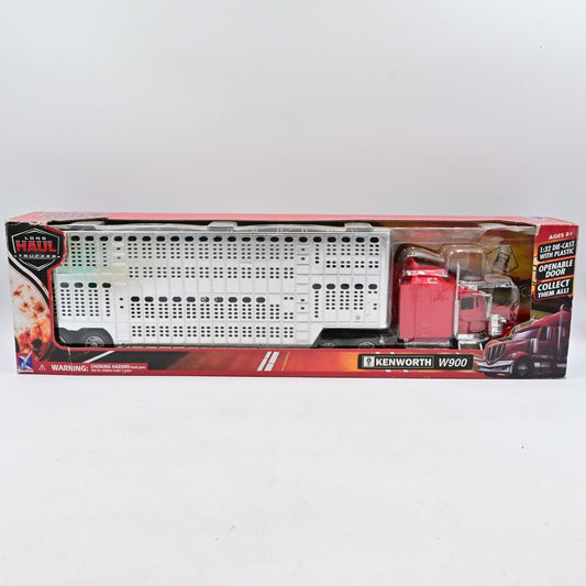 New Ray Long Haul Kenworth W900 Truck Red with Potbelly Livestock Trailer Chrome