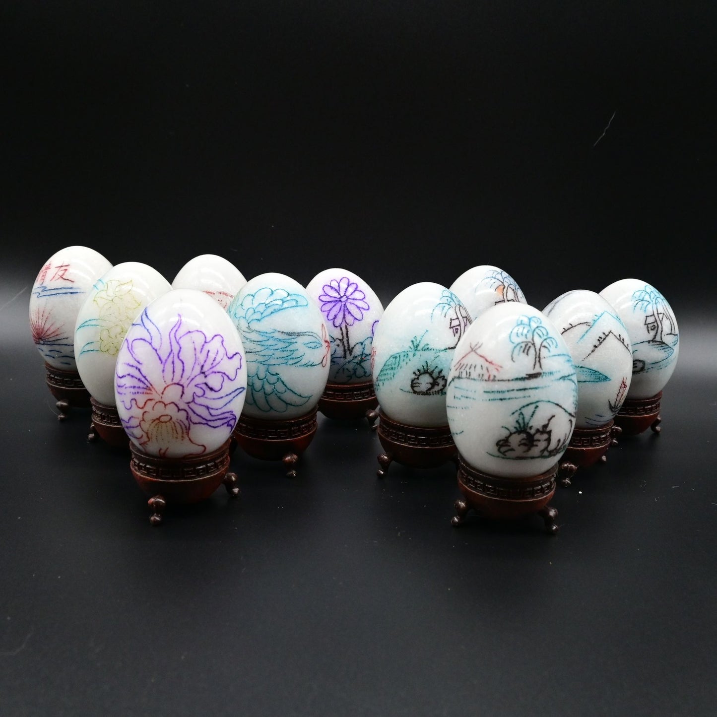 Chinese Etched Painted Marble Eggs With Stands Lot Of 11