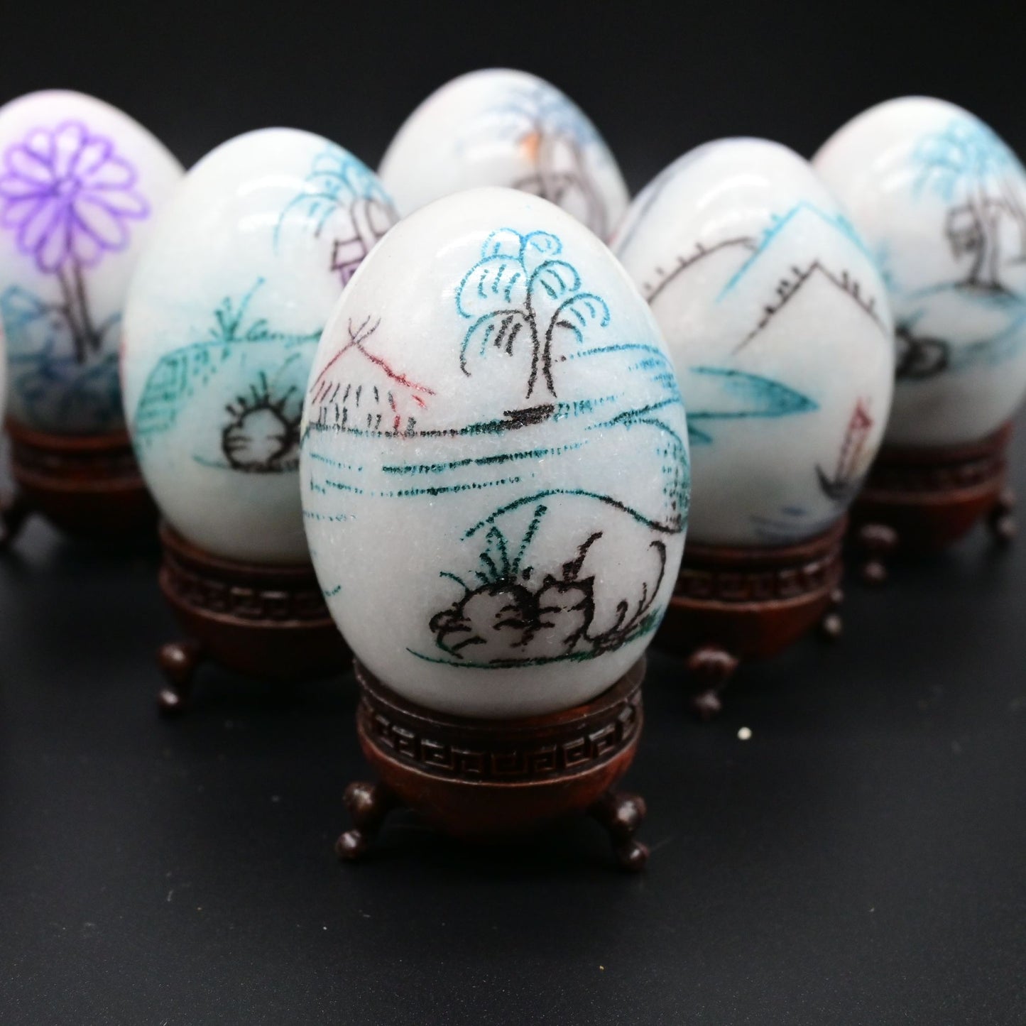 Chinese Etched Painted Marble Eggs With Stands Lot Of 11