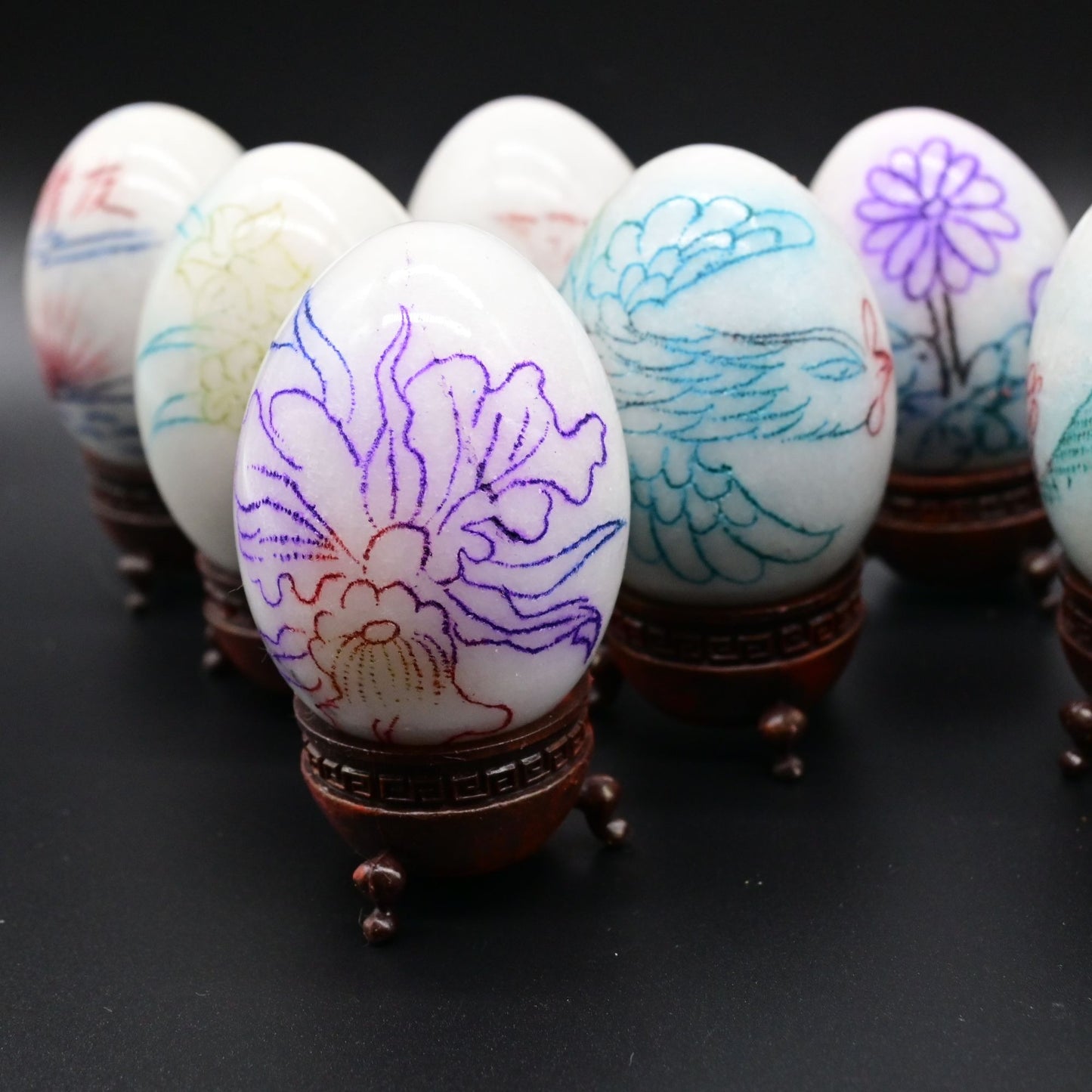 Chinese Etched Painted Marble Eggs With Stands Lot Of 11