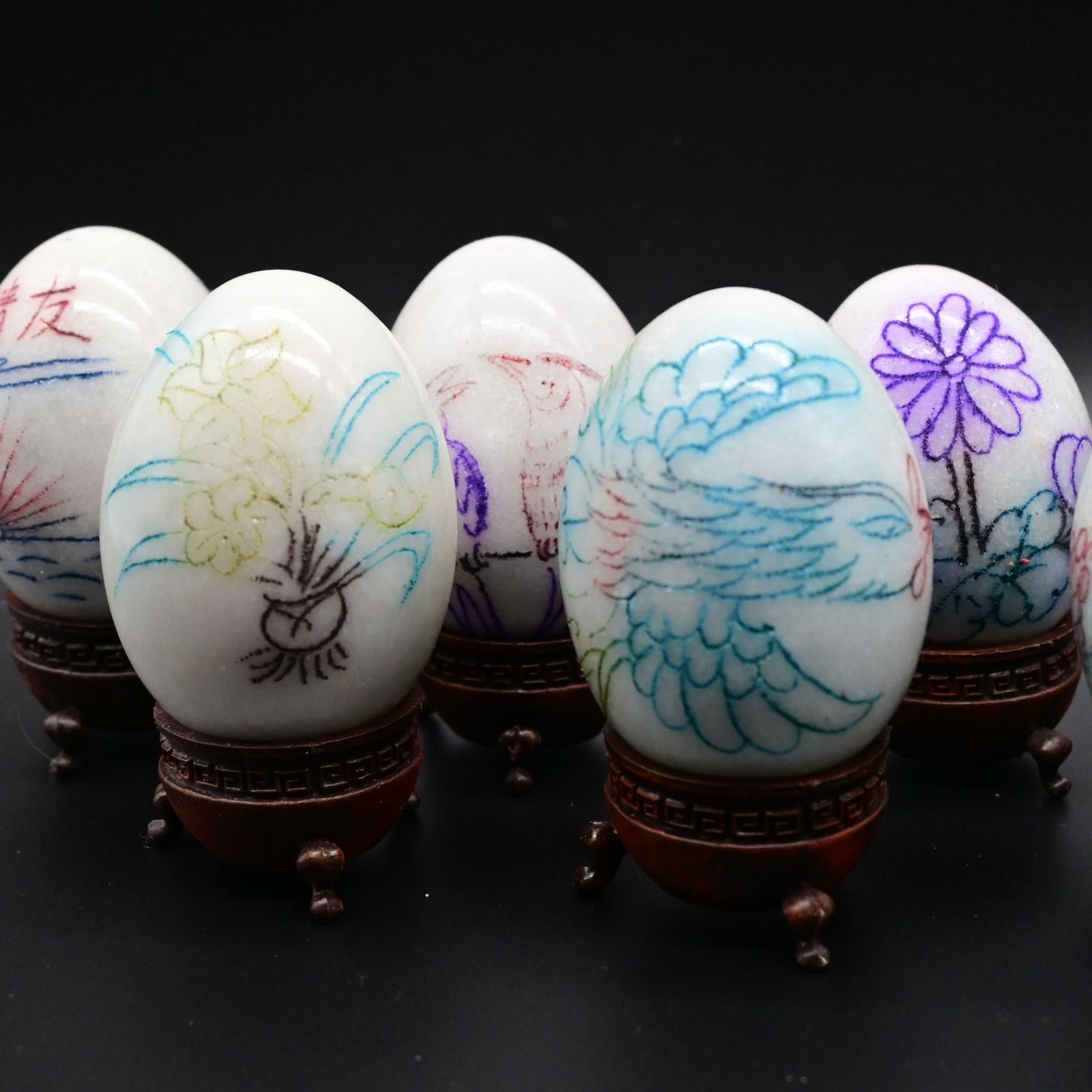 Chinese Etched Painted Marble Eggs With Stands Lot Of 11