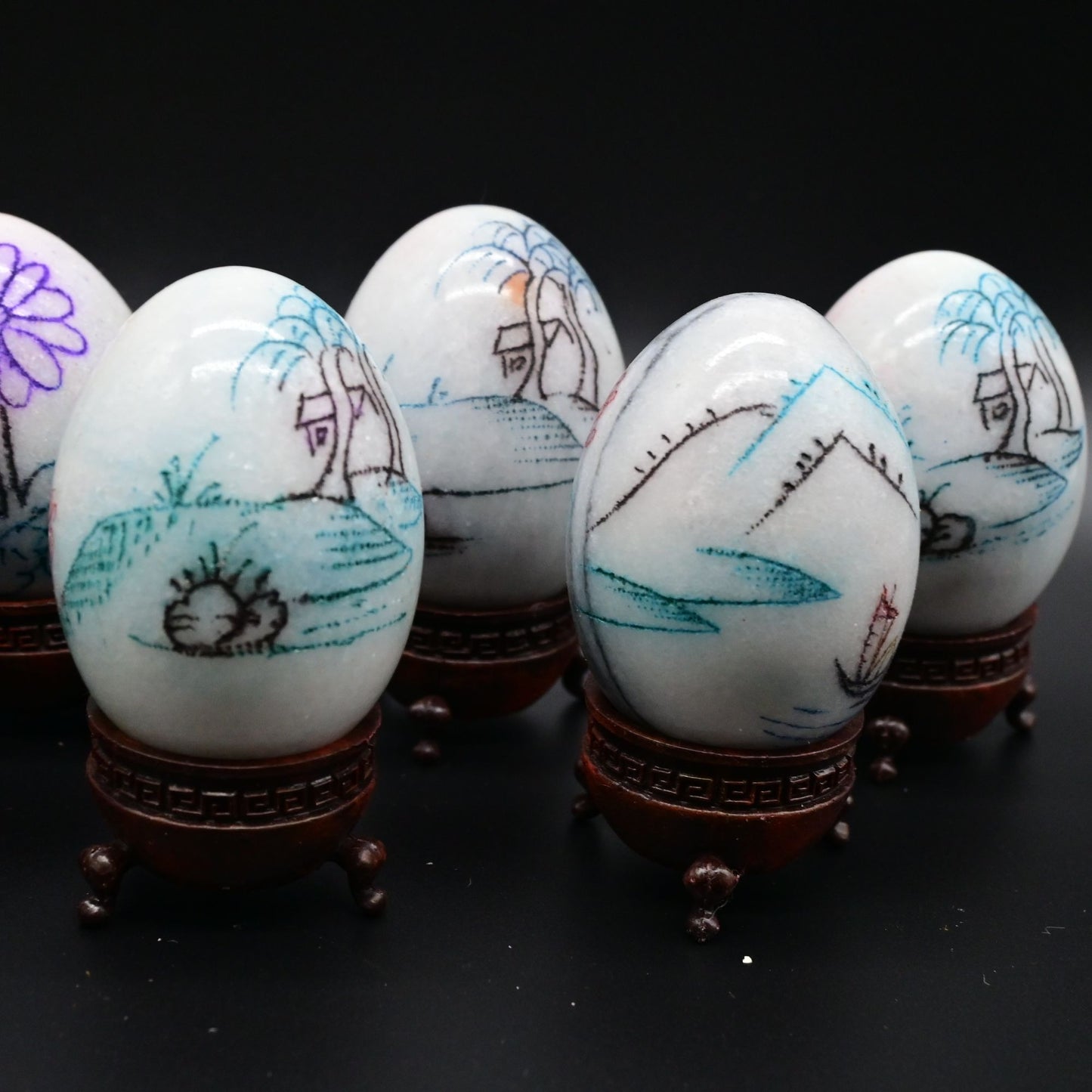 Chinese Etched Painted Marble Eggs With Stands Lot Of 11