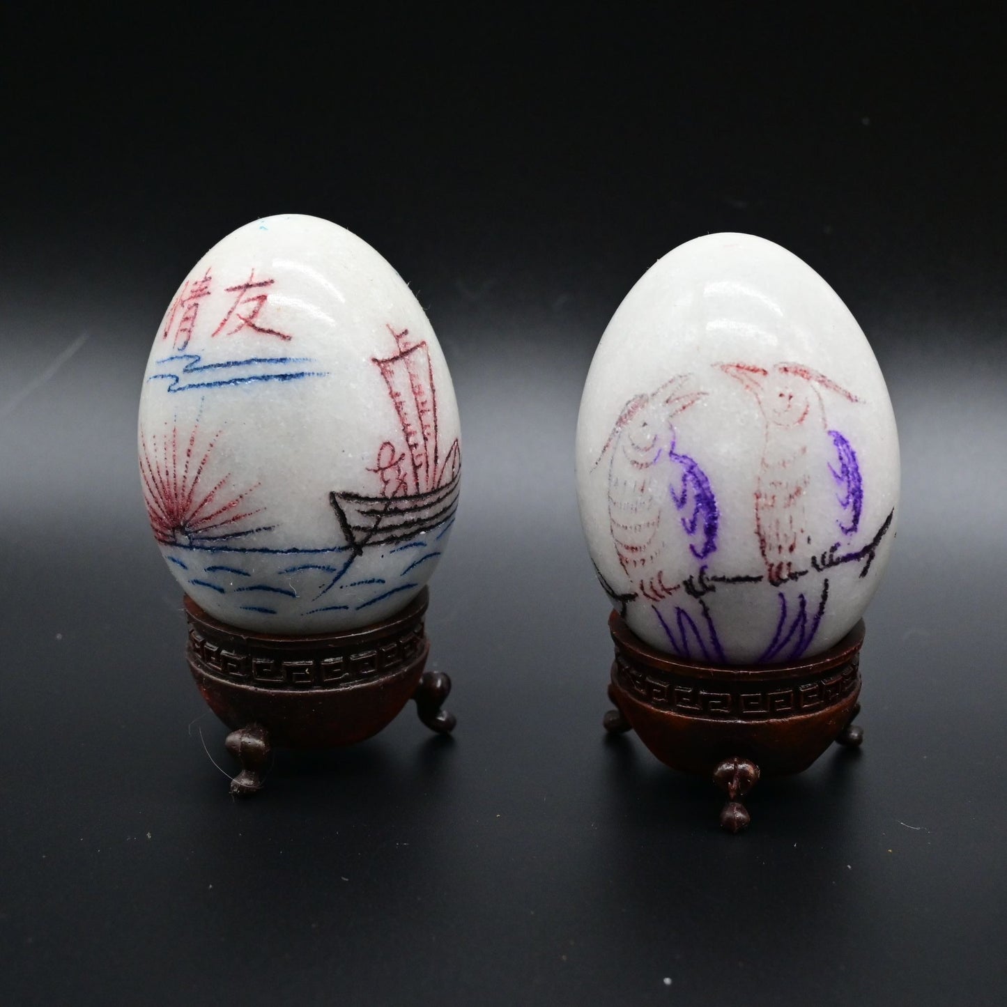 Chinese Etched Painted Marble Eggs With Stands Lot Of 11