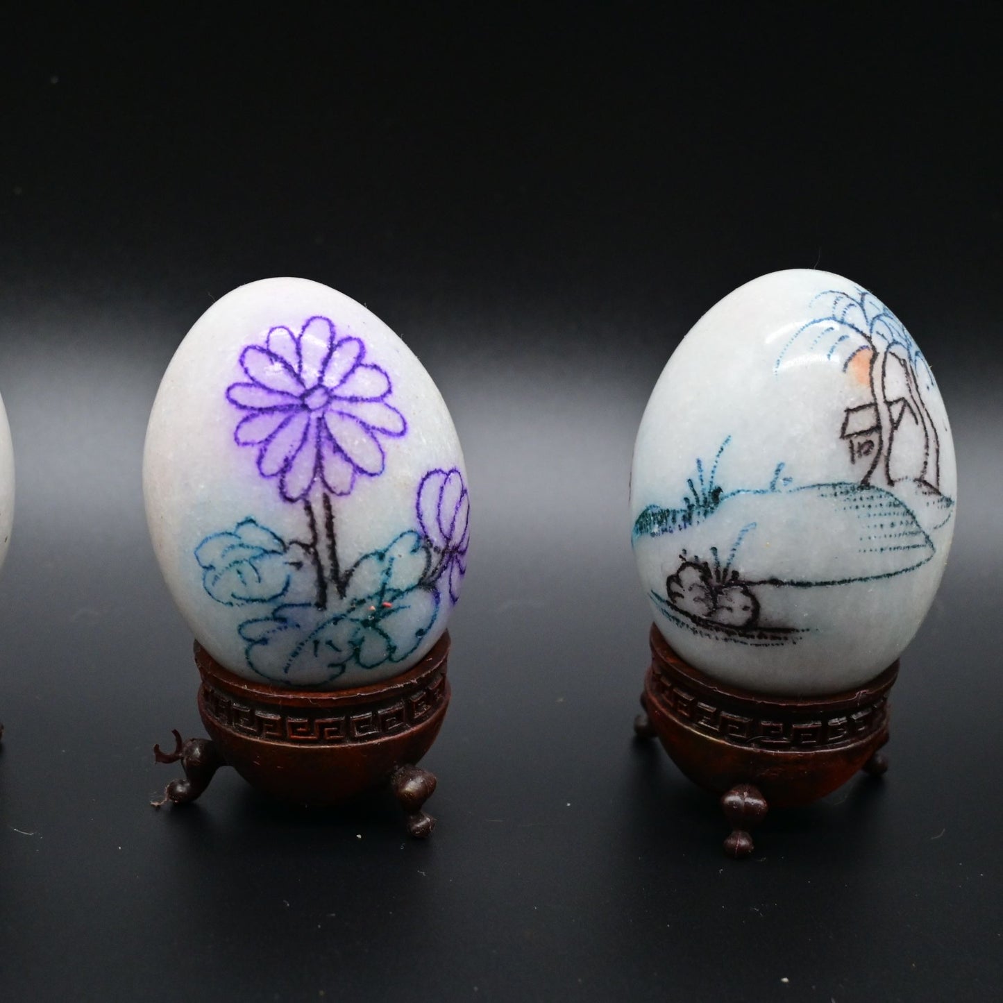 Chinese Etched Painted Marble Eggs With Stands Lot Of 11