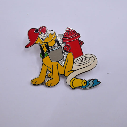 Vintage 2004 Hong Kong Disney Pluto Firefighter Pin Enamel Fire Hydrant & Hose