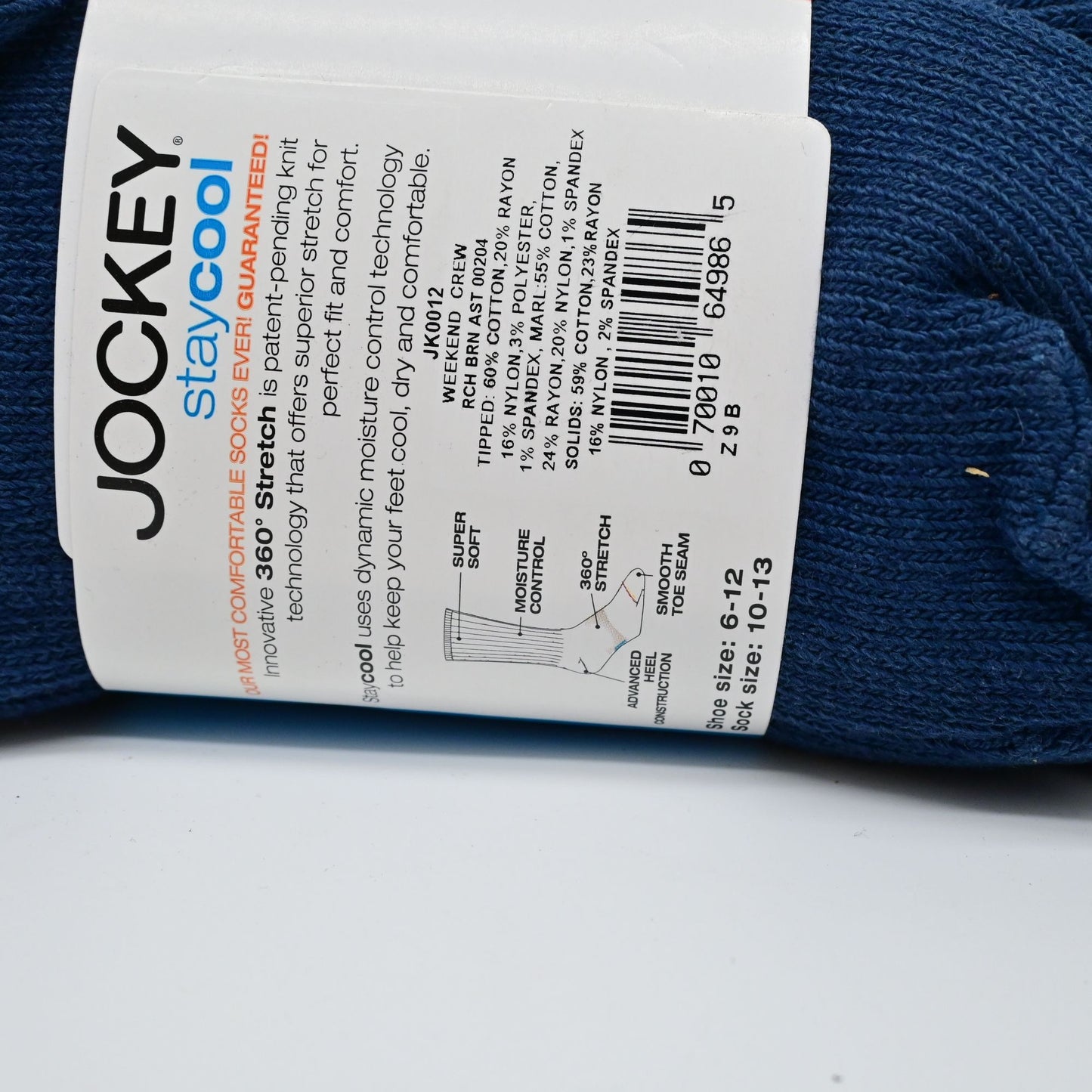 Jockey Stay Cool Black Crew Socks Size 6-12 Moisture Control
