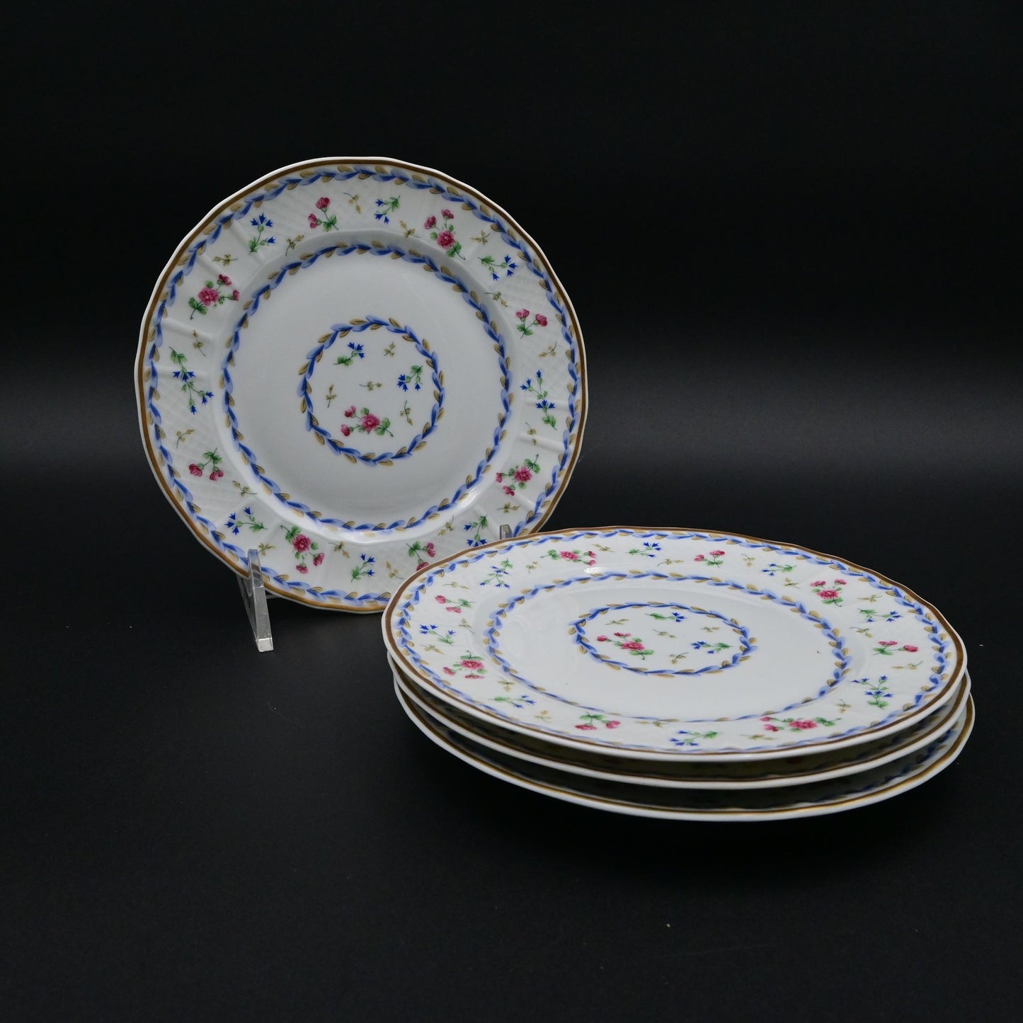 Bernardaud Limoges Artois Bleu Porcelain Dessert Plates Set Of 4 Floral Pattern Gold Rim 6.5"